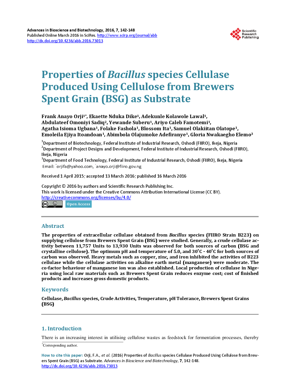 Properties Of Bacillus Species Cellulase Produced Using Cellulose From Brewers Spent Grain (BSG) As Substrate - Page 2