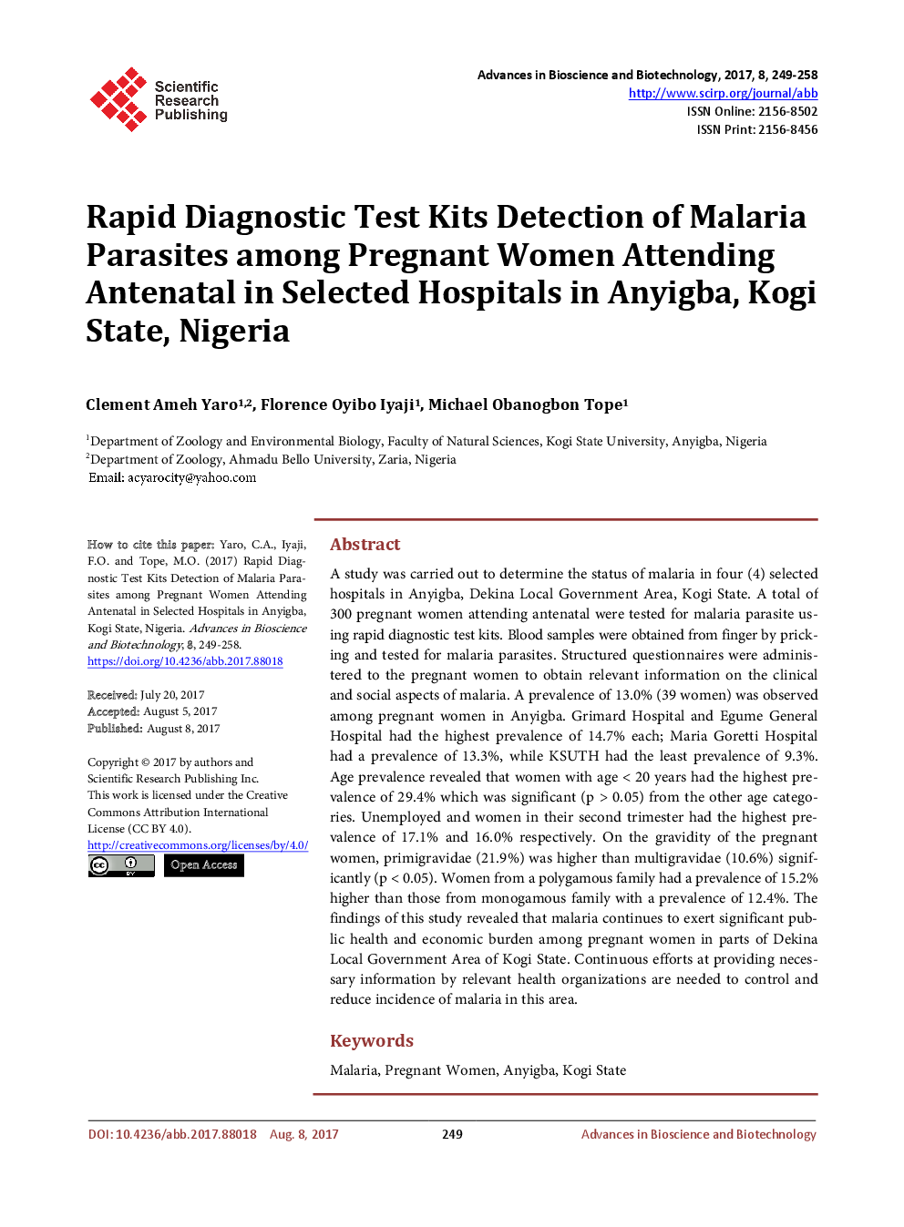 Rapid Diagnostic Test Kits Detection Of Malaria Parasites Among Pregnant Women Attending Antenatal In Selected Hospitals In Anyigba, Kogi State, Nigeria - Page 2