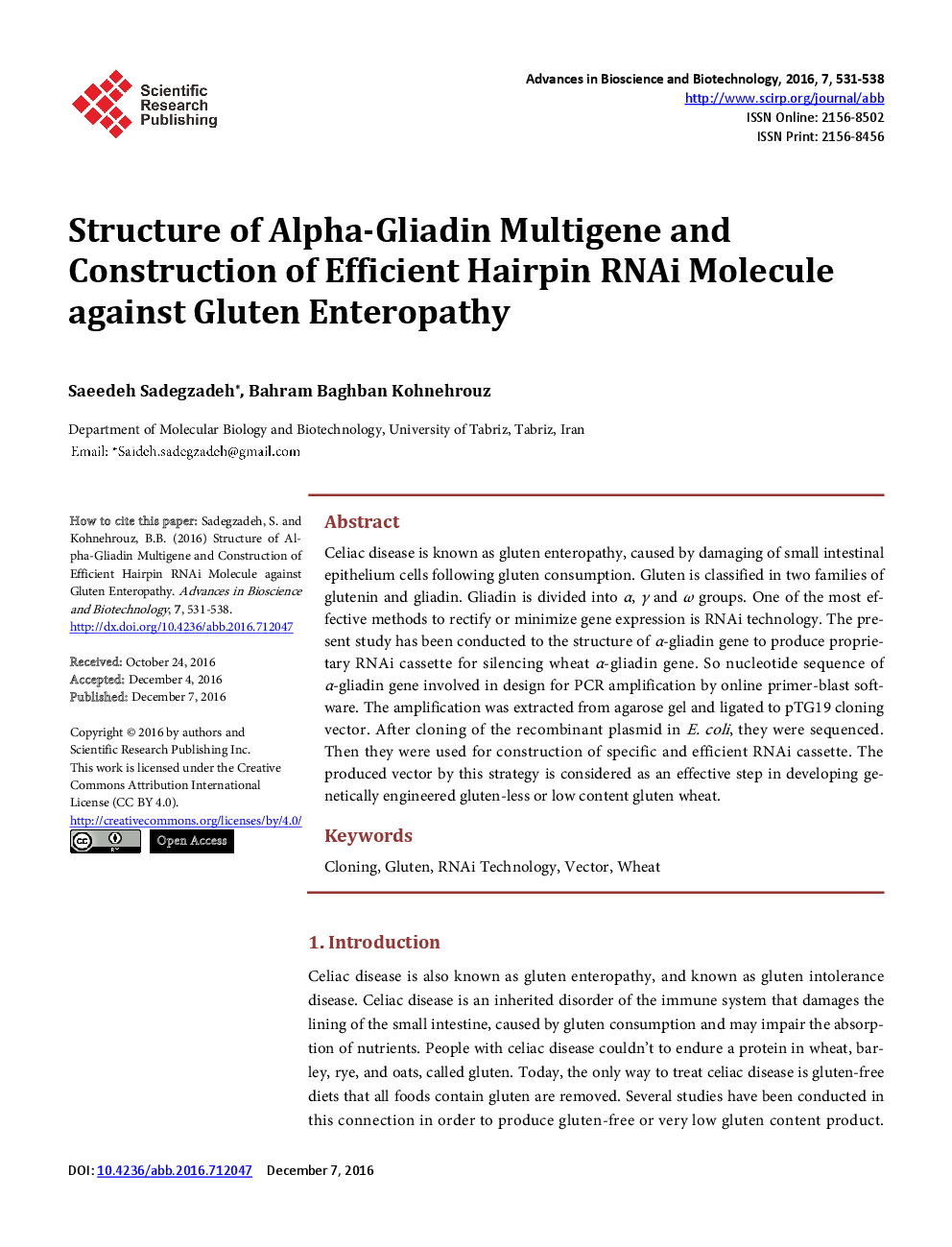 Structure Of Alpha-Gliadin Multigene And Construction Of Efficient Hairpin RNAi Molecule Against Gluten Enteropathy - Page 2