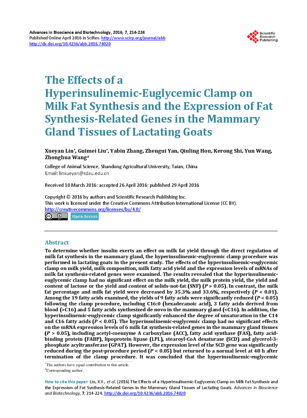 The Effects Of A Hyperinsulinemic-Euglycemic Clamp On Milk Fat Synthesis And The Expression Of Fat Synthesis-Related Genes In The Mammary Gland Tissues Of Lactating Goats - Page 2