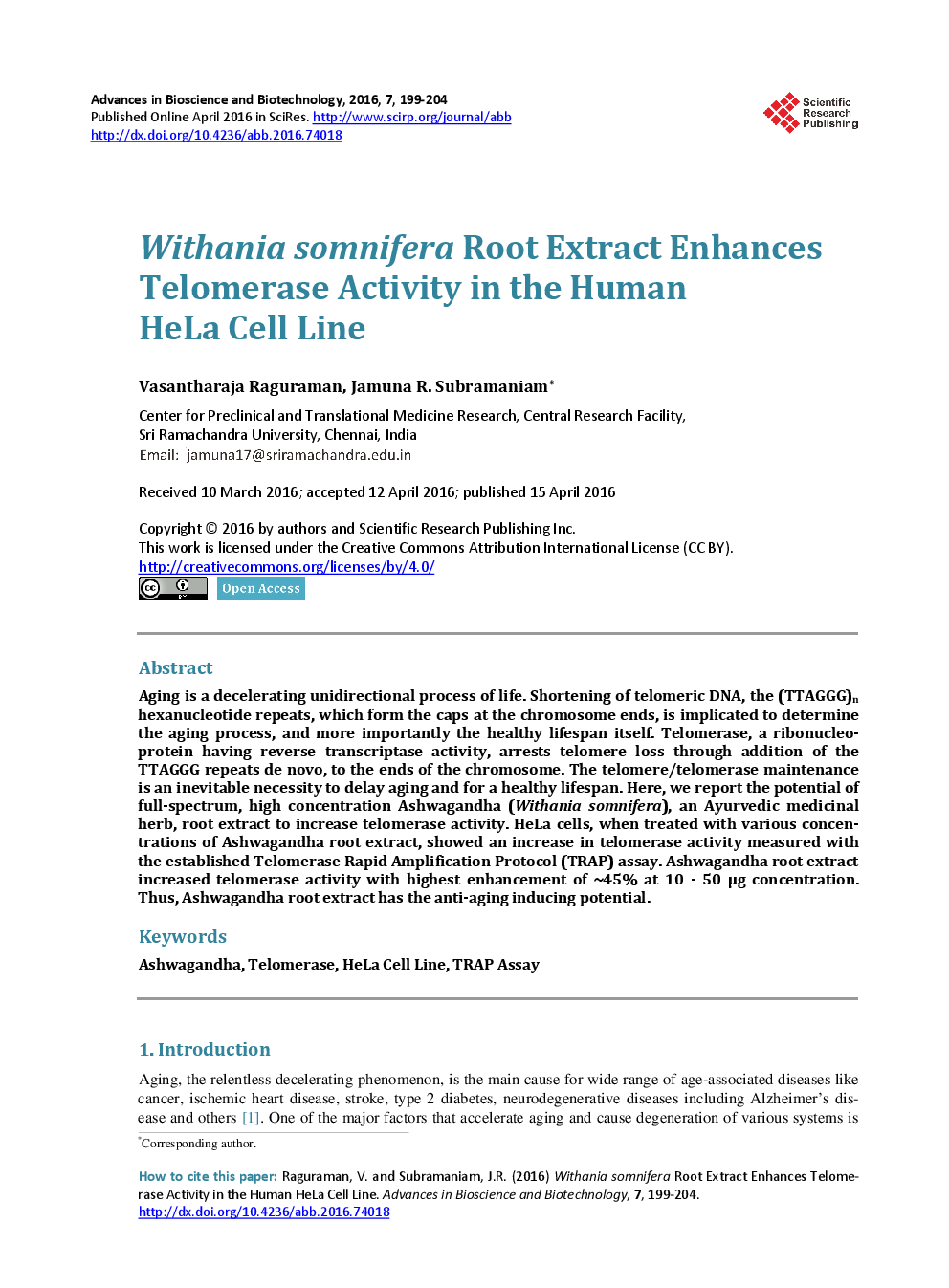 Withania Somnifera Root Extract Enhances Telomerase Activity In The Human HeLa Cell Line - Page 2