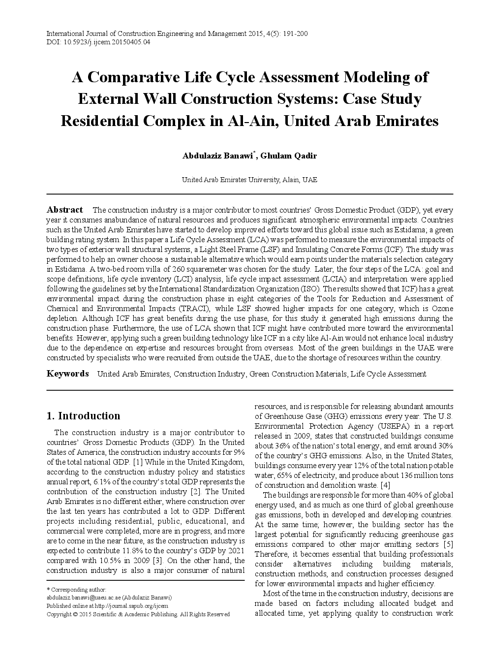 A Comparative Life Cycle Assessment Modeling Of External Wall Construction Systems : Case Study Residential Complex In Al-Ain, United Arab Emirates - Page 2