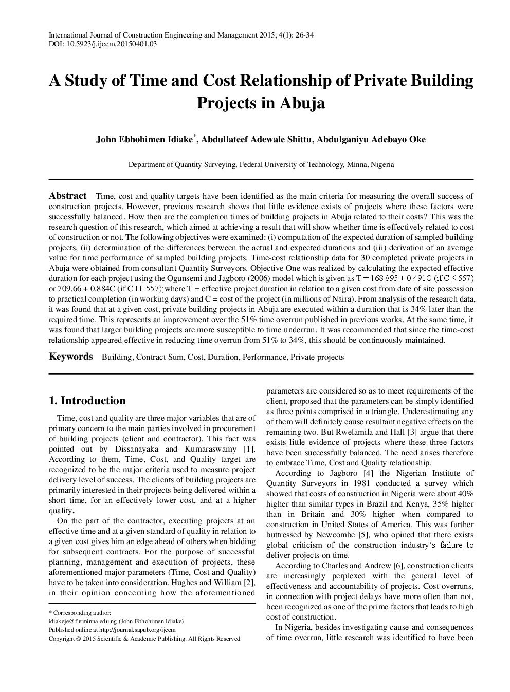 A Study Of Time And Cost Relationship Of Private Building Projects In Abuja - Page 2