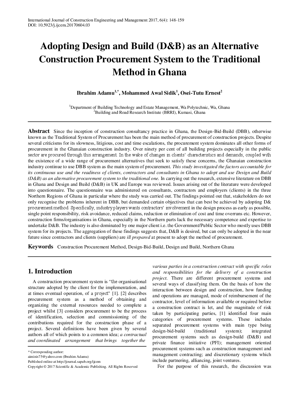 Adopting Design And Build (D&B) As An Alternative Construction Procurement System To The Traditional Method In Ghana - Page 2