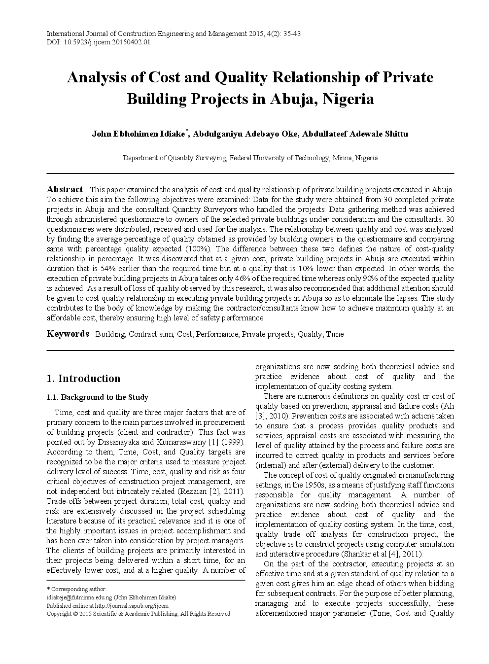 Analysis Of Cost And Quality Relationship Of Private Building Projects In Abuja, Nigeria - Page 2