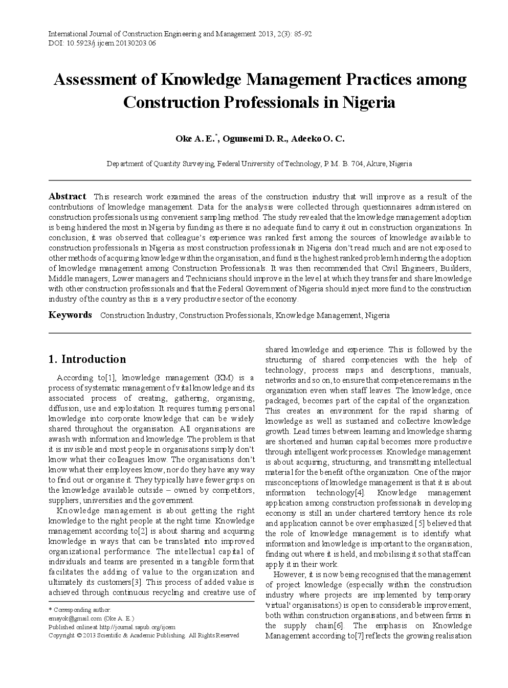 Assessment Of Knowledge Management Practices Among Construction Professionals In Nigeria - Page 2