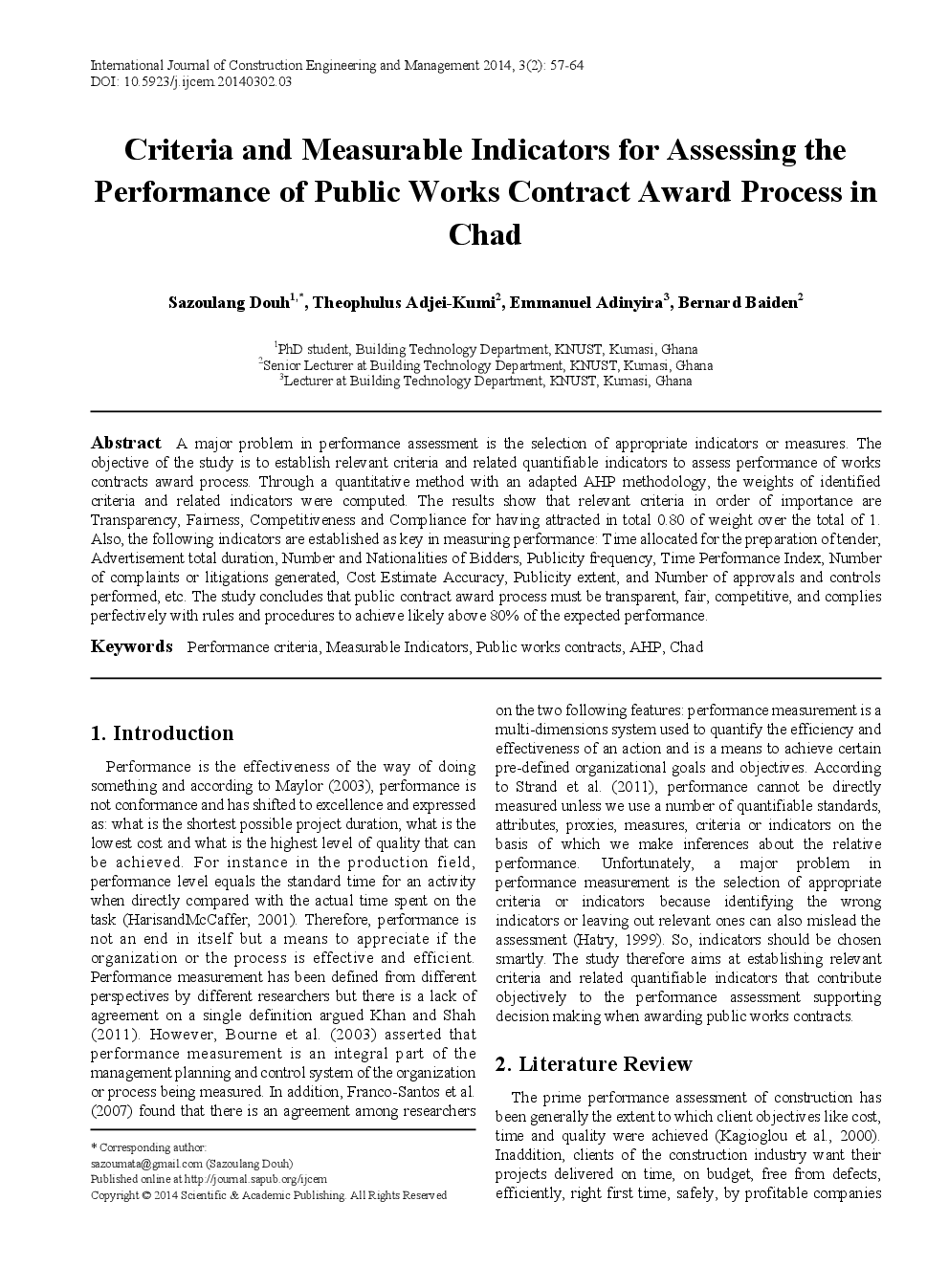 Criteria And Measurable Indicators For Assessing The Performance Of Public Works Contract Award Process In Chad - Page 2
