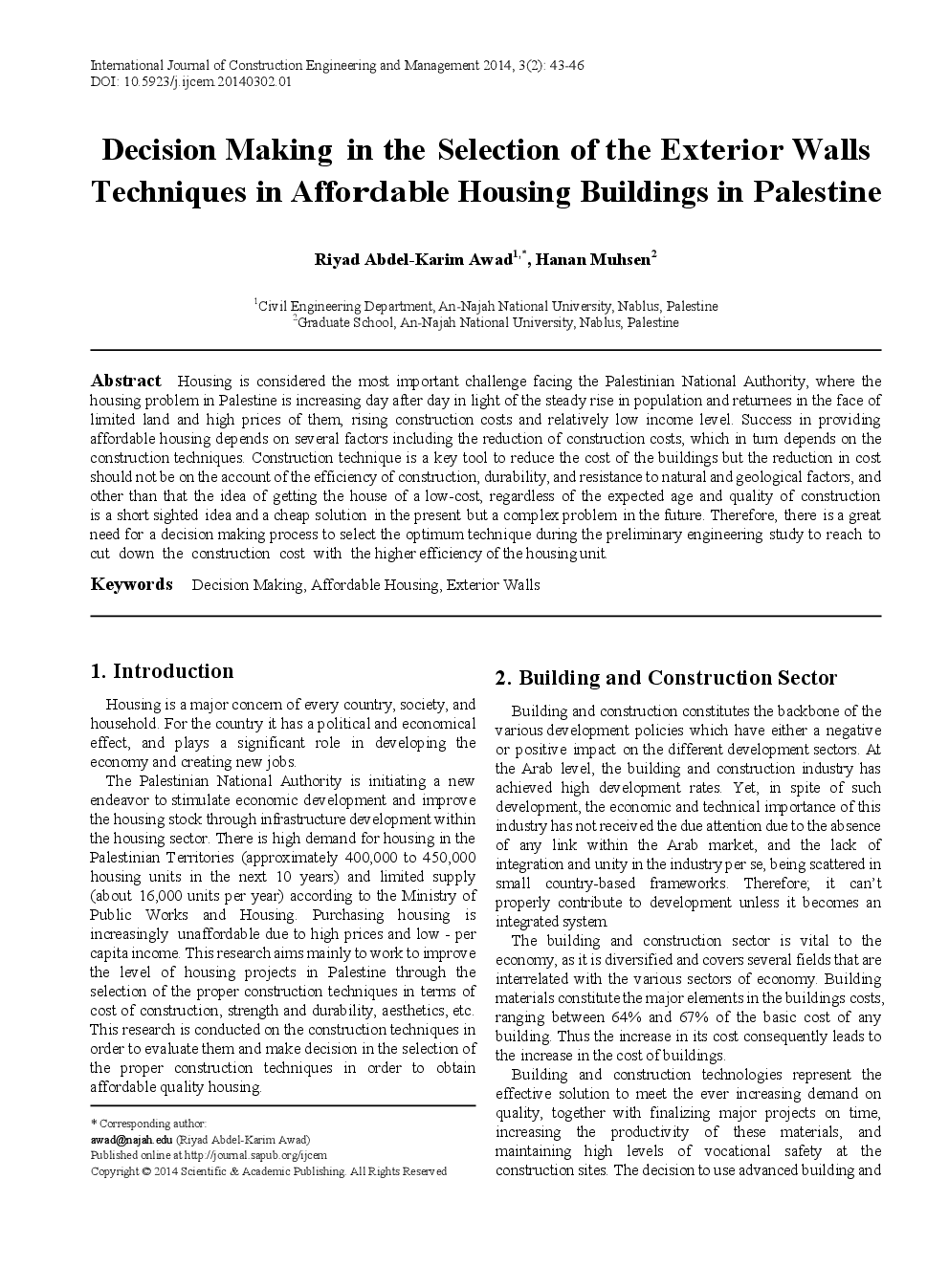 Decision Making In The Selection Of The Exterior Walls Techniques In Affordable Housing Buildings In Palestine - Page 2