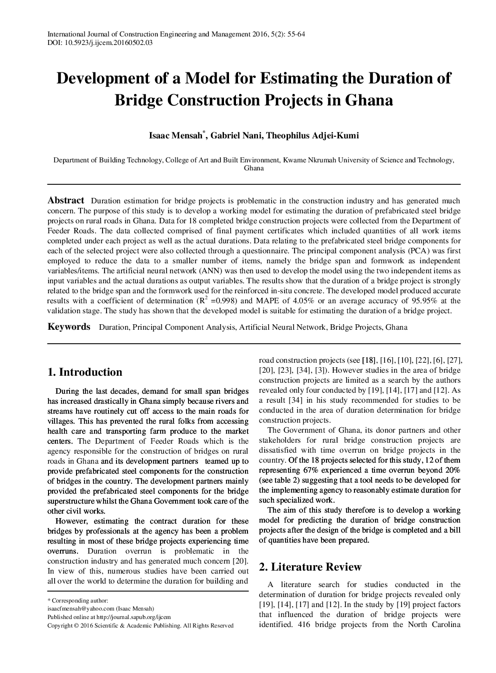 Development Of A Model For Estimating The Duration Of Bridge Construction Projects In Ghana - Page 2