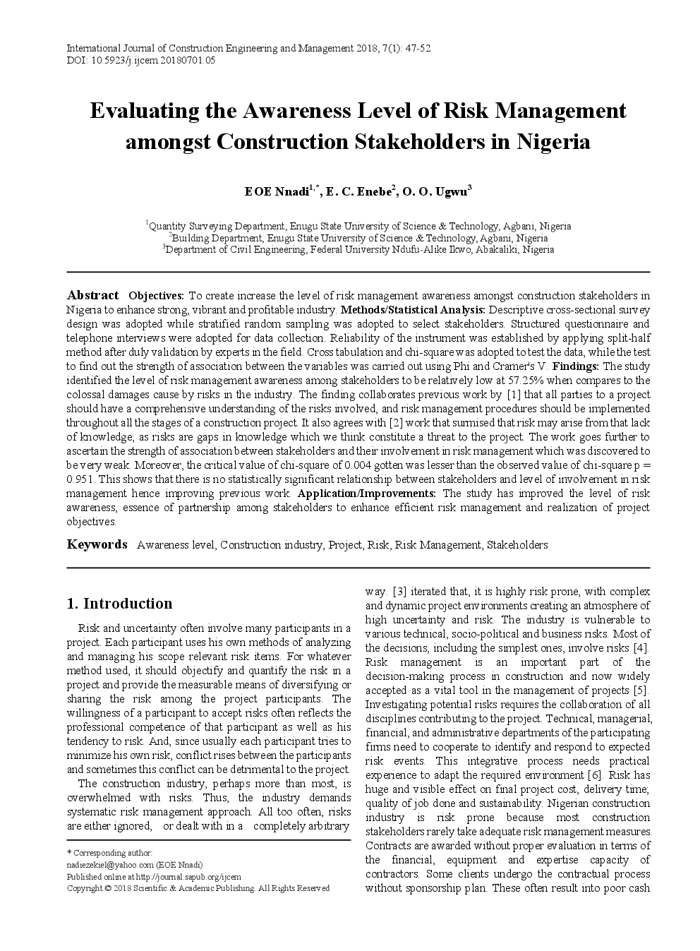 Evaluating The Awareness Level Of Risk Management Amongst Construction Stakeholders In Nigeria - Page 2