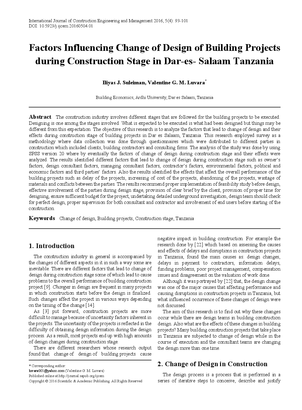 Factors Influencing Change Of Design Of Building Projects During Construction Stage In Dar es Salaam Tanzania - Page 2