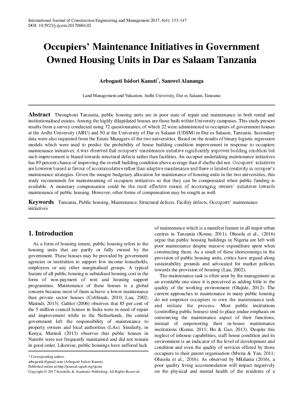 Occupiers’ Maintenance Initiatives in Government Owned Housing Units in Dar es Salaam Tanzania - Page 2