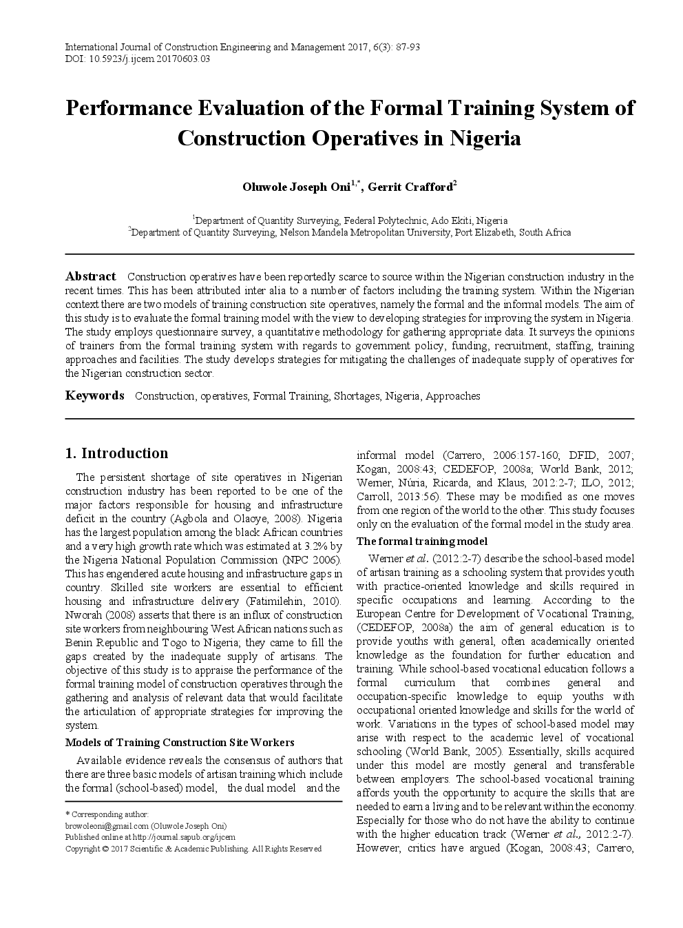 Performance Evaluation Of The Formal Training System Of Construction Operatives In Nigeria - Page 2
