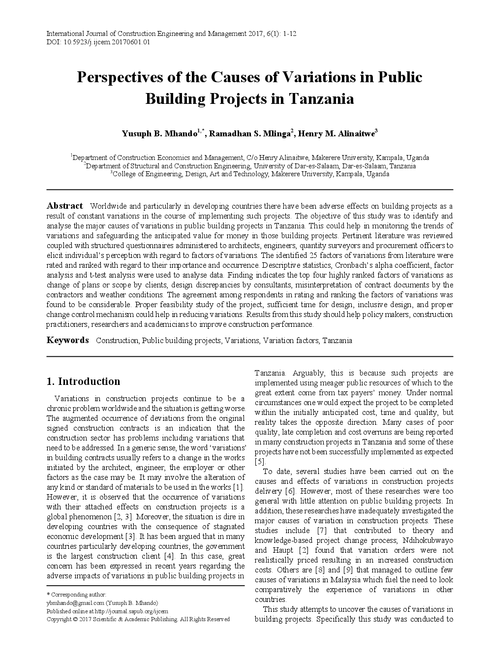 Perspectives Of The Causes Of Variations In Public Building Projects In Tanzania - Page 2