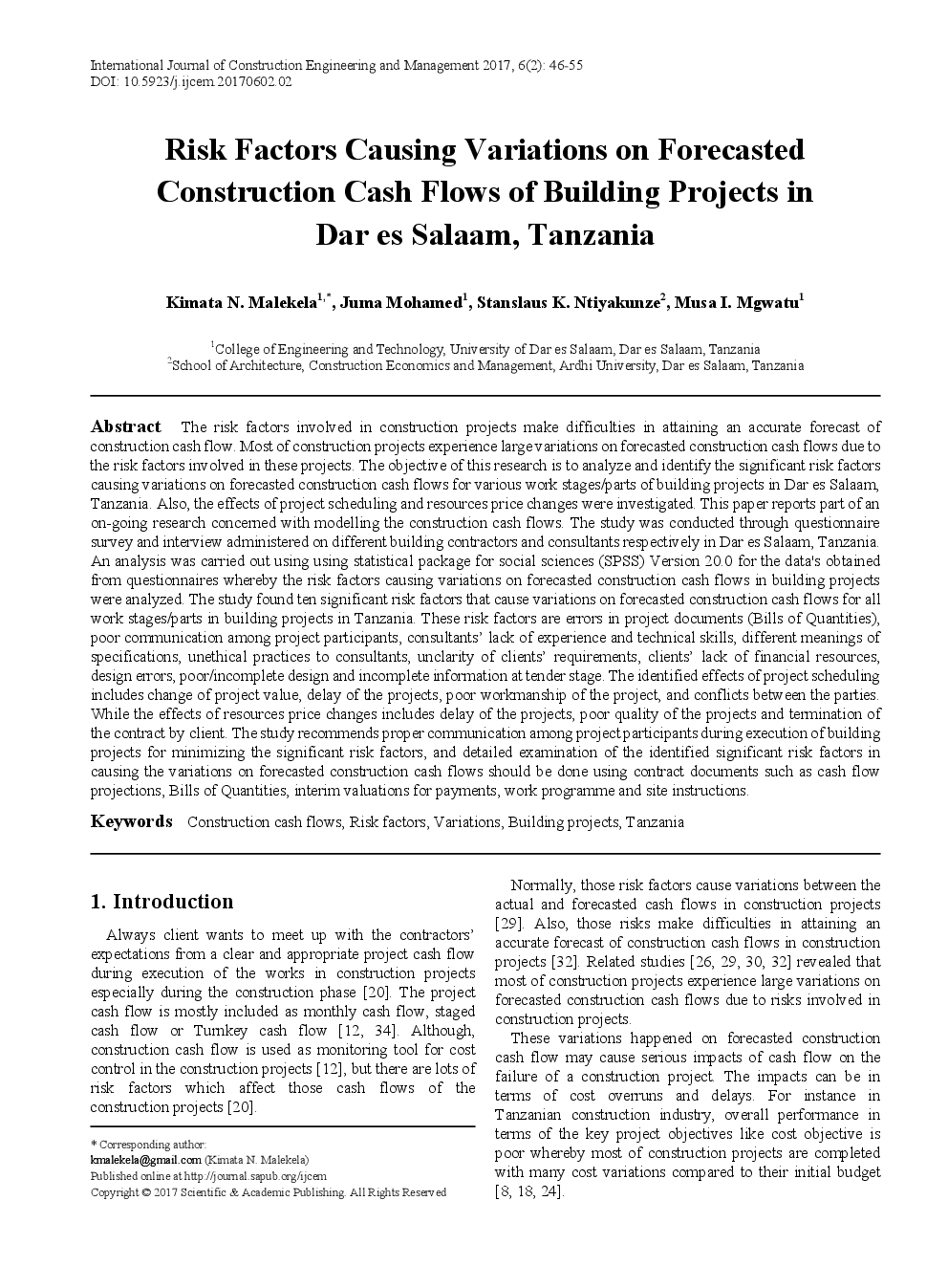 Risk Factors Causing Variations On Forecasted Construction Cash Flows Of Building Projects In Dar es Salaam, Tanzania - Page 2
