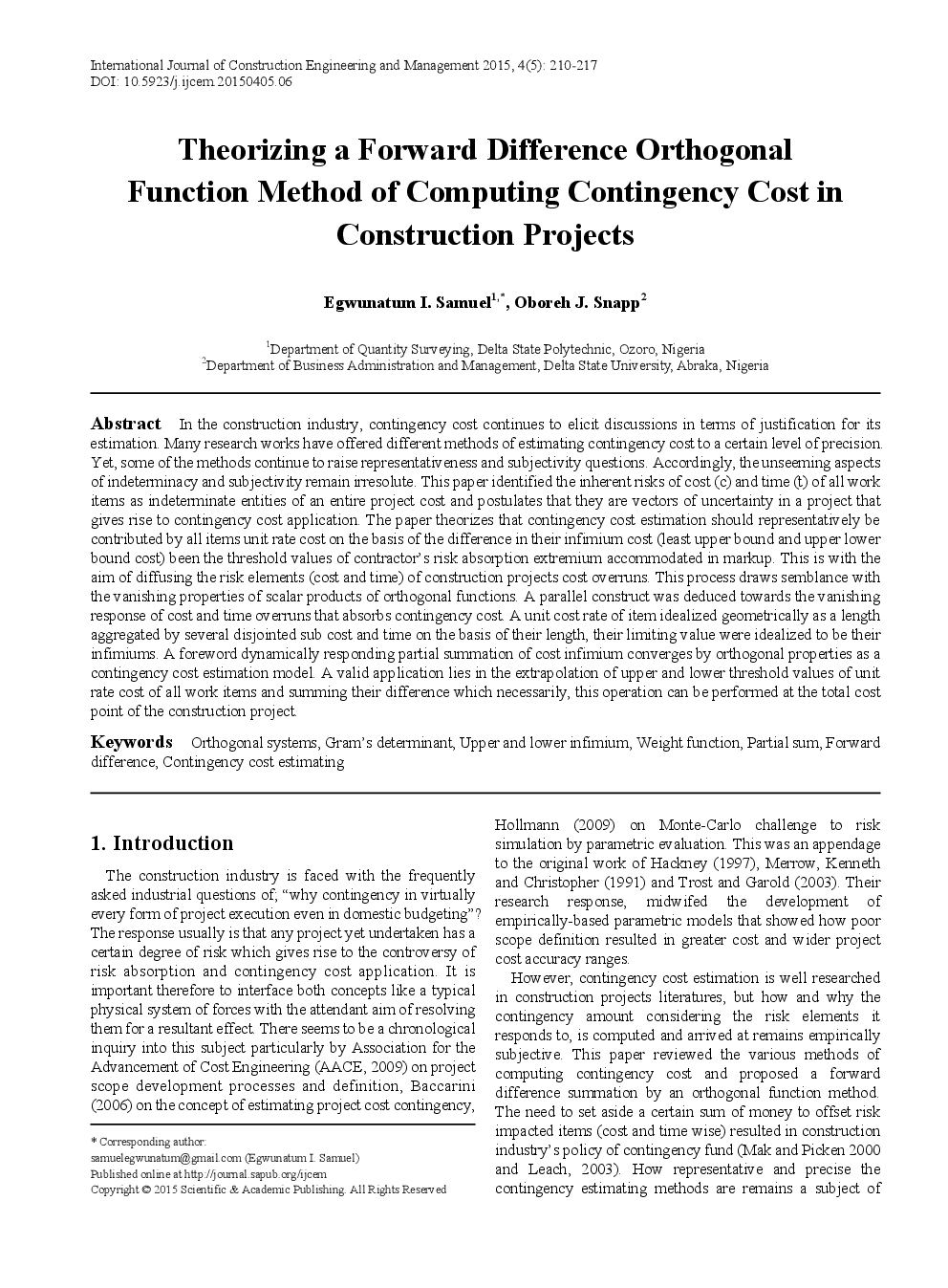 Theorizing A Forward Difference Orthogonal Function Method Of Computing Contingency Cost In Construction Projects - Page 2
