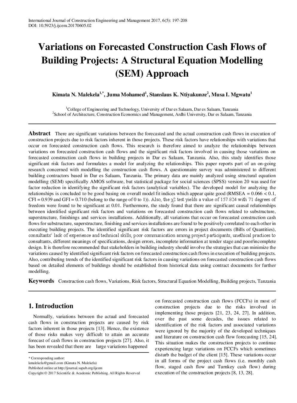 Variations On Forecasted Construction Cash Flows Of Building Projects A Structural Equation Modelling (SEM) Approach - Page 2
