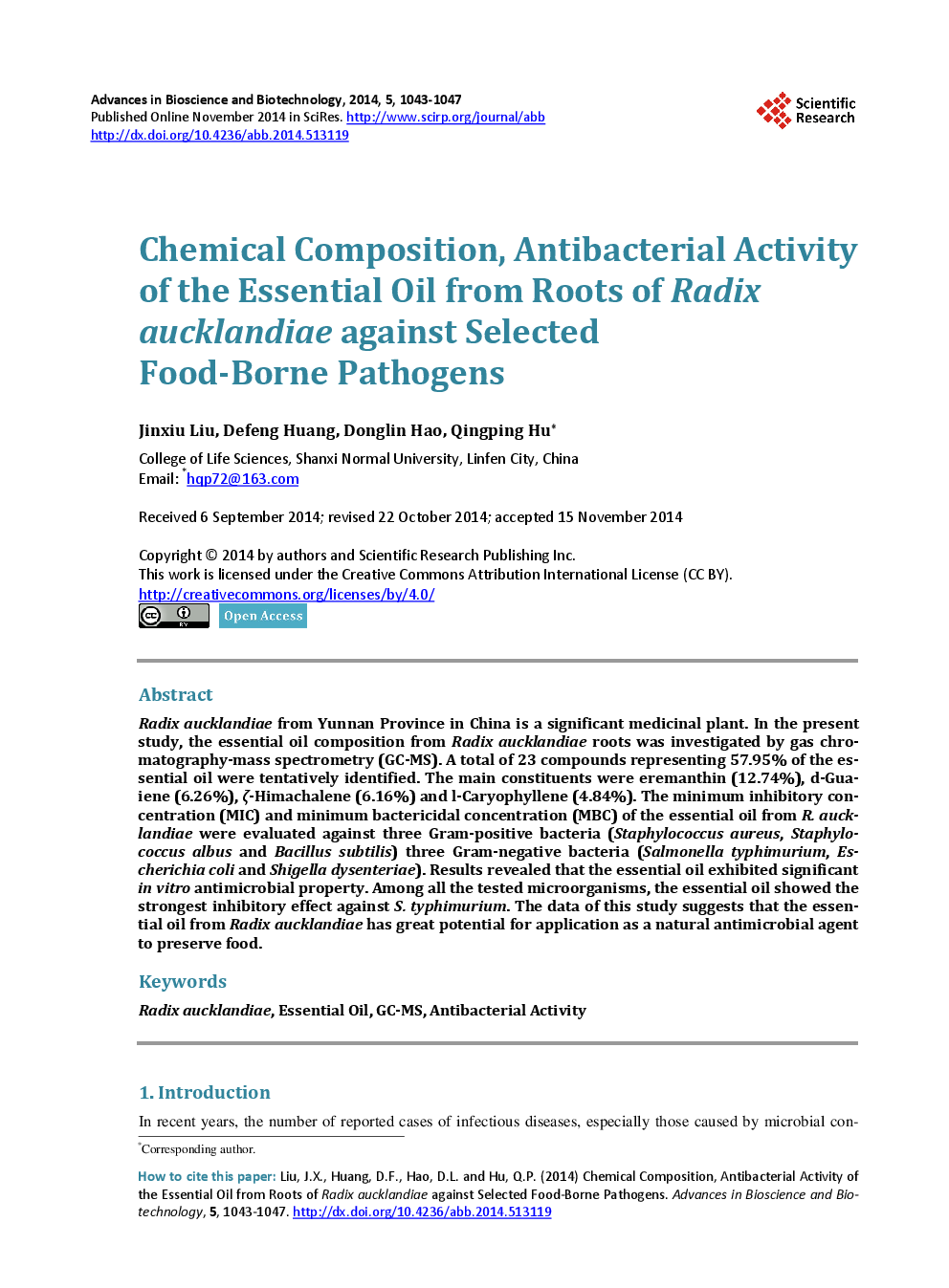 Chemical Composition, Antibacterial Activity Of The Essential Oil From Roots Of Radix Aucklandiae Against Selected Food-Borne Pathogens - Page 2