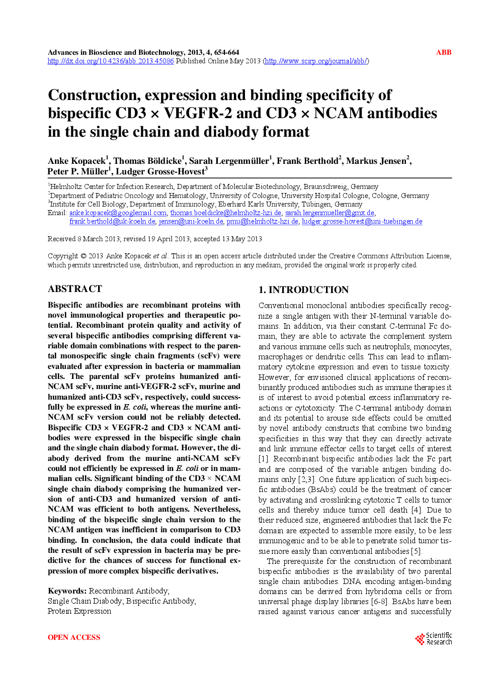 Construction, Expression And Binding specificity Of Bispecific CD3 × VEGFR-2 And CD3 × NCAM Antibodies In The Single Chain And Diabody Format - Page 2
