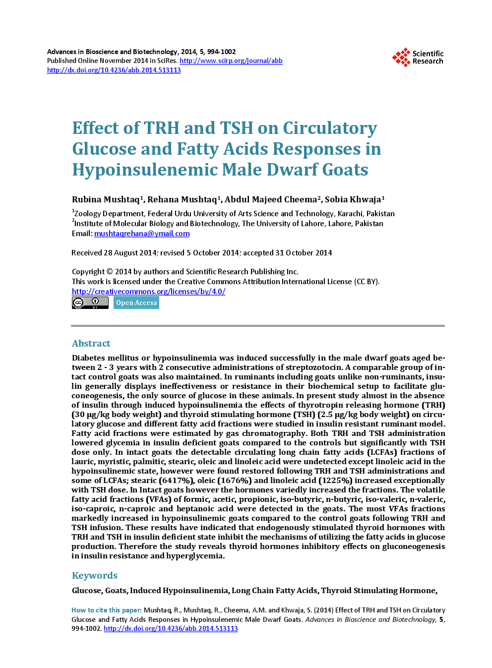 Effect Of TRH And TSH On Circulatory Glucose And Fatty Acids Responses In Hypoinsulenemic Male Dwarf Goats - Page 2