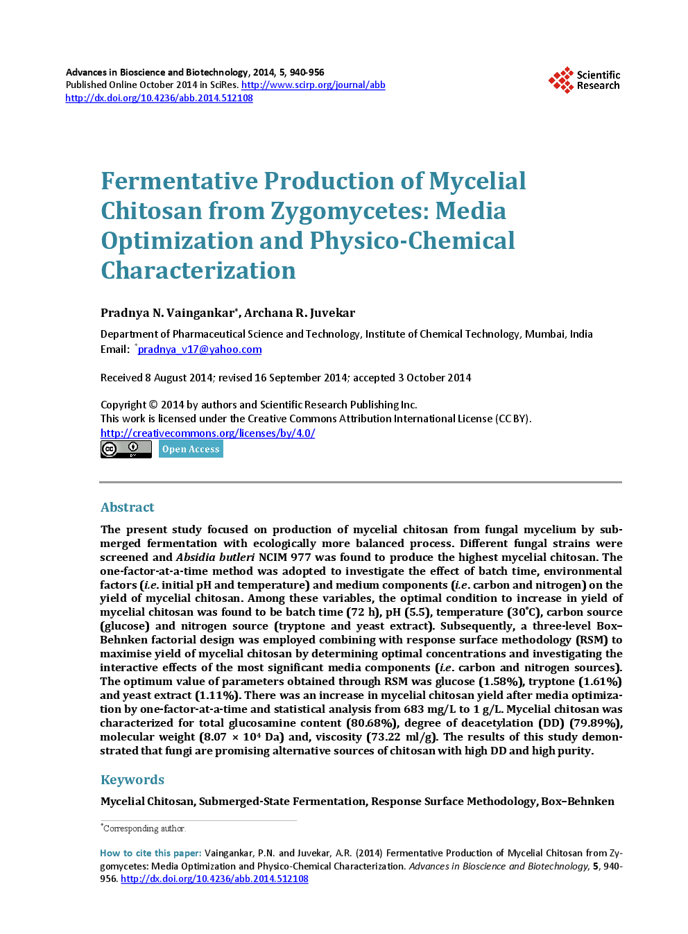 Fermentative Production Of Mycelial Chitosan From Zygomycetes: Media Optimization And Physico-Chemical Characterization - Page 2