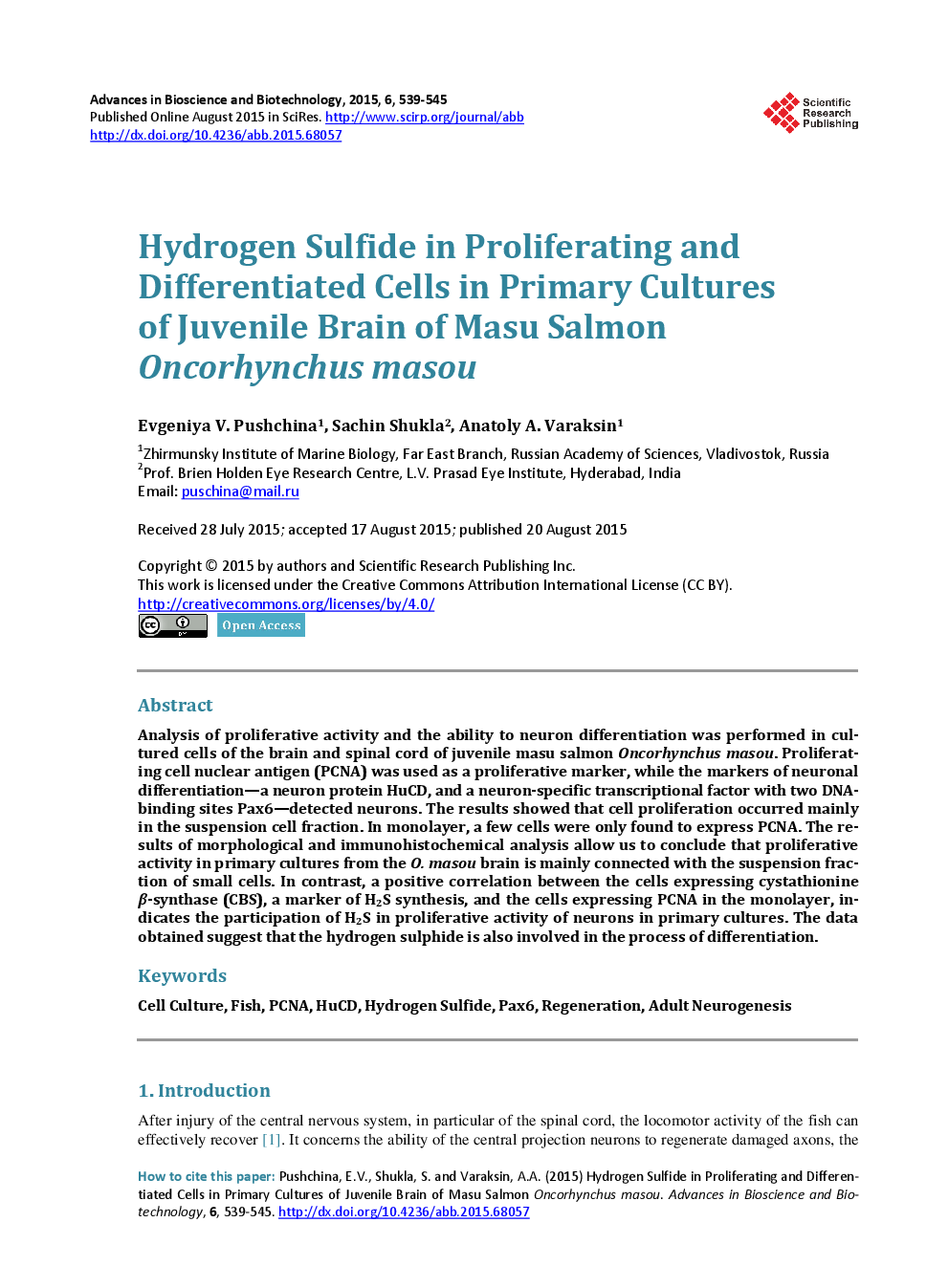 Hydrogen Sulfide in Proliferating And Differentiated Cells in Primary Cultures Of Juvenile Brain Of Masu Salmon Oncorhynchus Masou - Page 2
