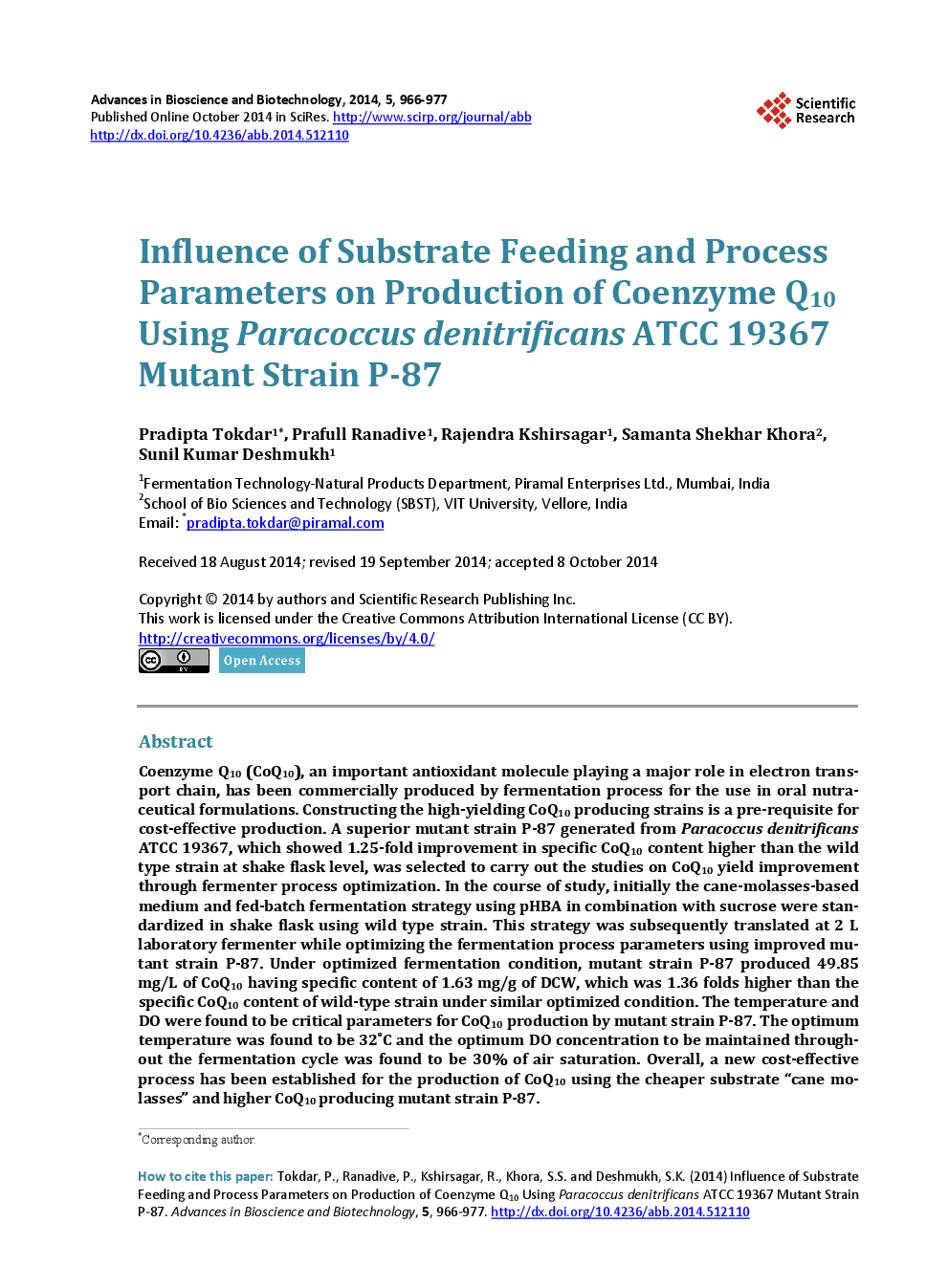 Influence Of Substrate Feeding And Process Parameters On Production Of Coenzyme Q10 Using Paracoccus Denitrificans ATCC 19367 Mutant Strain P-87 - Page 2