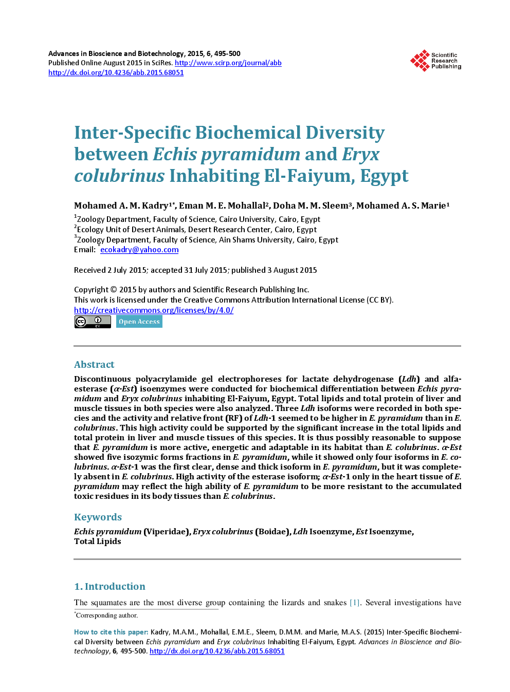 Inter-Specific Biochemical Diversity Between Echis Pyramidum And Eryx Colubrinus Inhabiting El-Faiyum, Egypt - Page 2