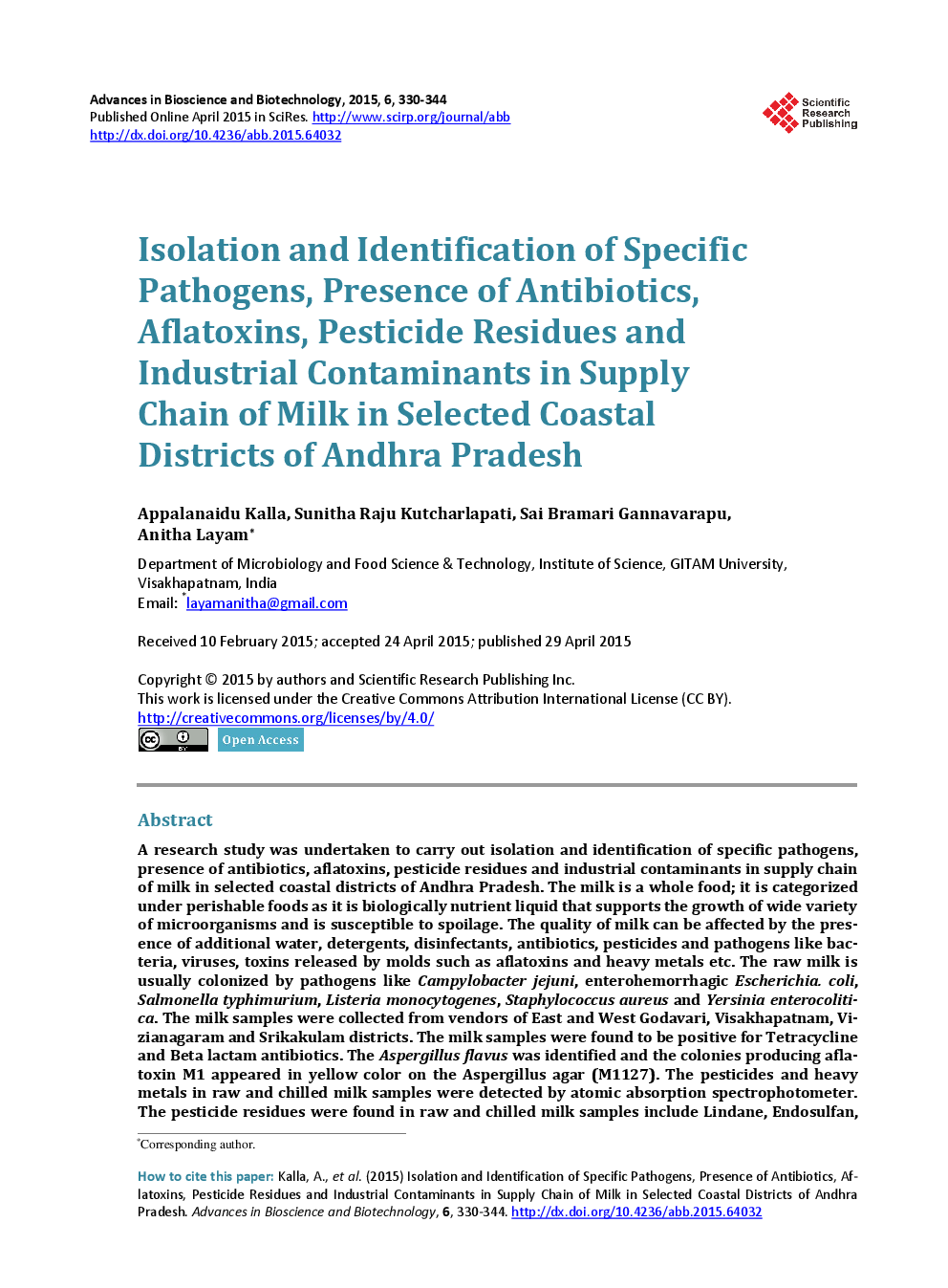 Isolation And Identification Of Specific Pathogens, Presence Of Antibiotics,Aflatoxins, Pesticide Residues And Industrial Contaminants In Supply Chain Of Milk In Selected Coastal Districts Of Andhra Pradesh - Page 2