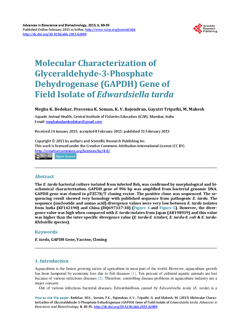 Molecular Characterization Of Glyceraldehyde-3-Phosphate Dehydrogenase (GAPDH) Gene Of Field Isolate Of Edwardsiella Tarda - Page 2