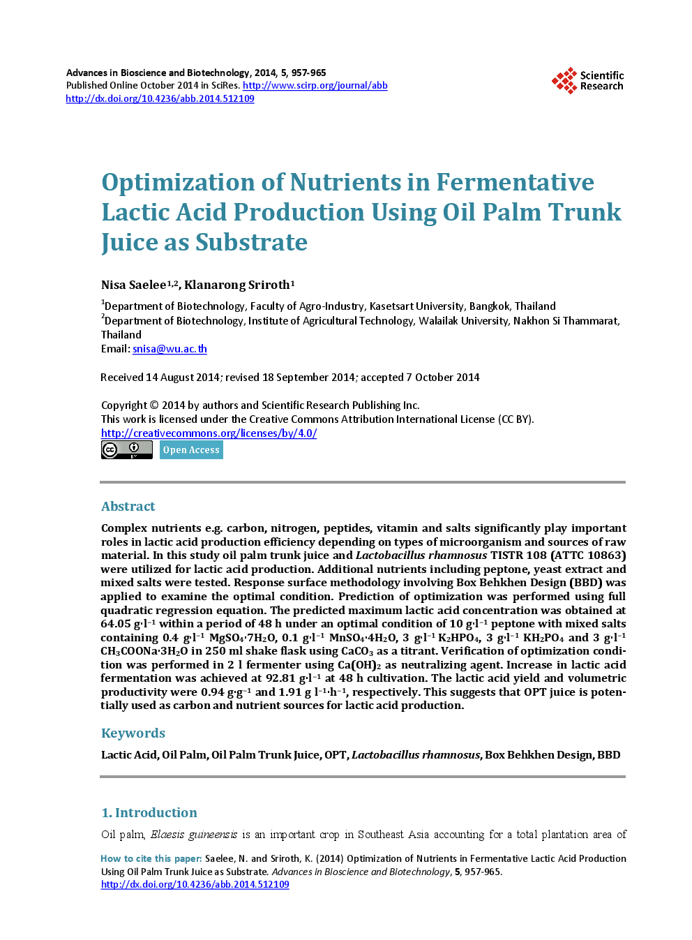 Optimization Of Nutrients in Fermentative Lactic Acid Production Using Oil Palm Trunk Juice As Substrate - Page 2