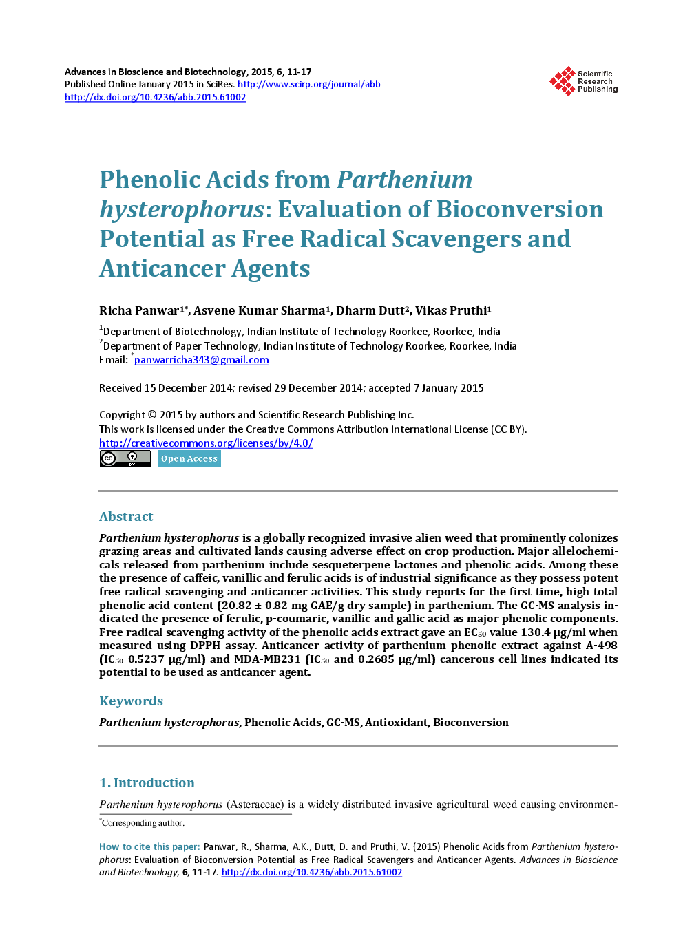 Phenolic Acids From Parthenium Hysterophorus: Evaluation Of Bioconversion Potential As Free Radical Scavengers And Anticancer Agents - Page 2