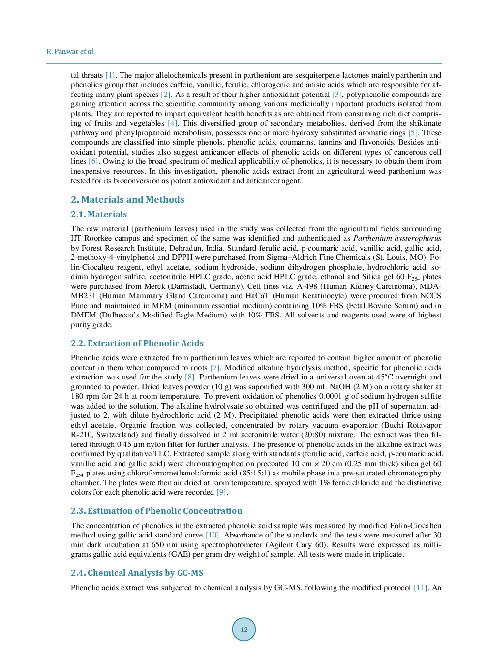 Phenolic Acids From Parthenium Hysterophorus: Evaluation Of Bioconversion Potential As Free Radical Scavengers And Anticancer Agents - Page 3
