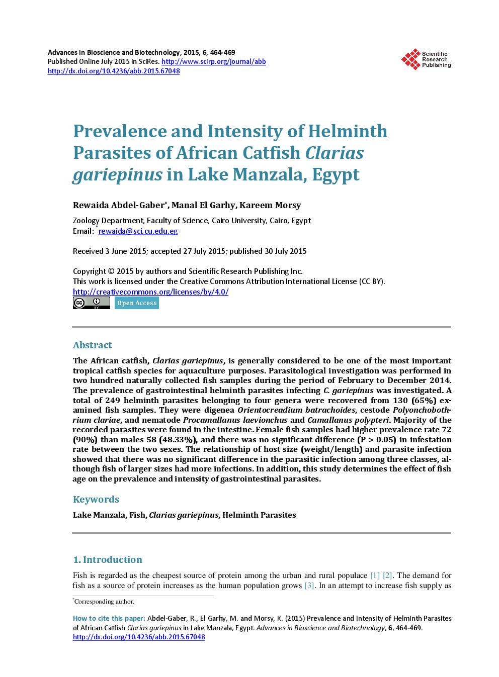Prevalence And Intensity Of Helminth Parasites Of African Catfish Clarias Gariepinus In Lake Manzala, Egypt - Page 2