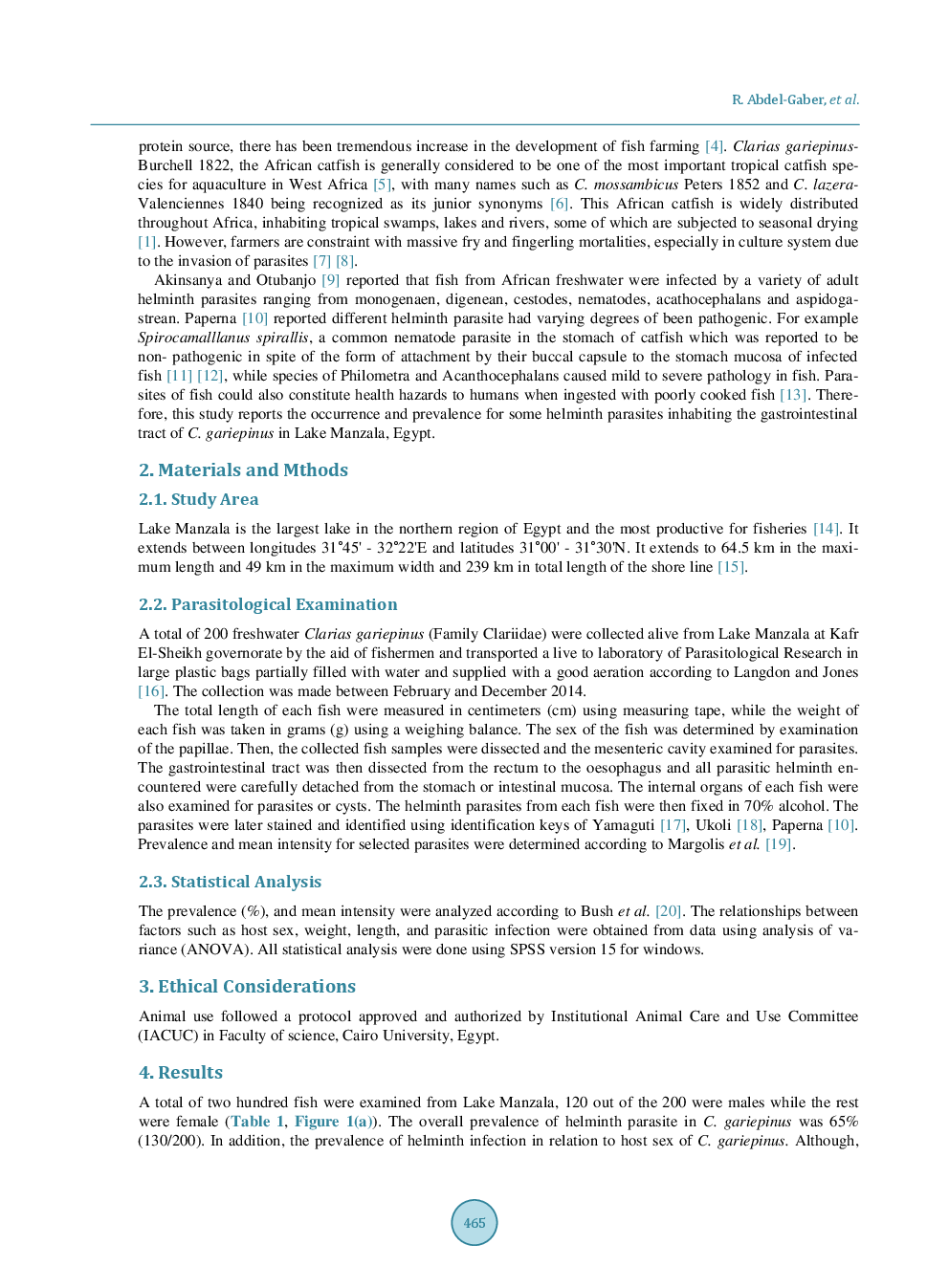 Prevalence And Intensity Of Helminth Parasites Of African Catfish Clarias Gariepinus In Lake Manzala, Egypt - Page 3