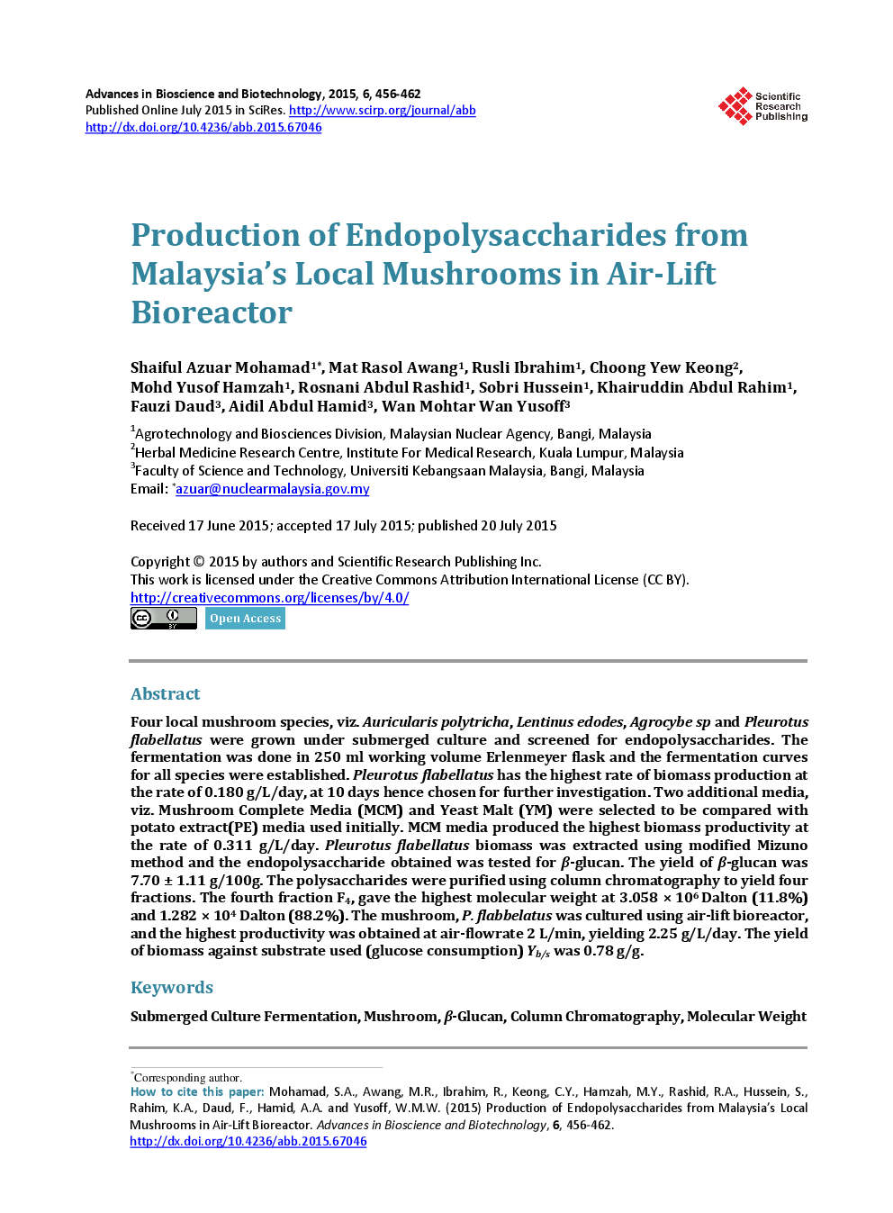 Production Of Endopolysaccharides From Malaysia’s Local Mushrooms In Air-Lift Bioreactor - Page 2