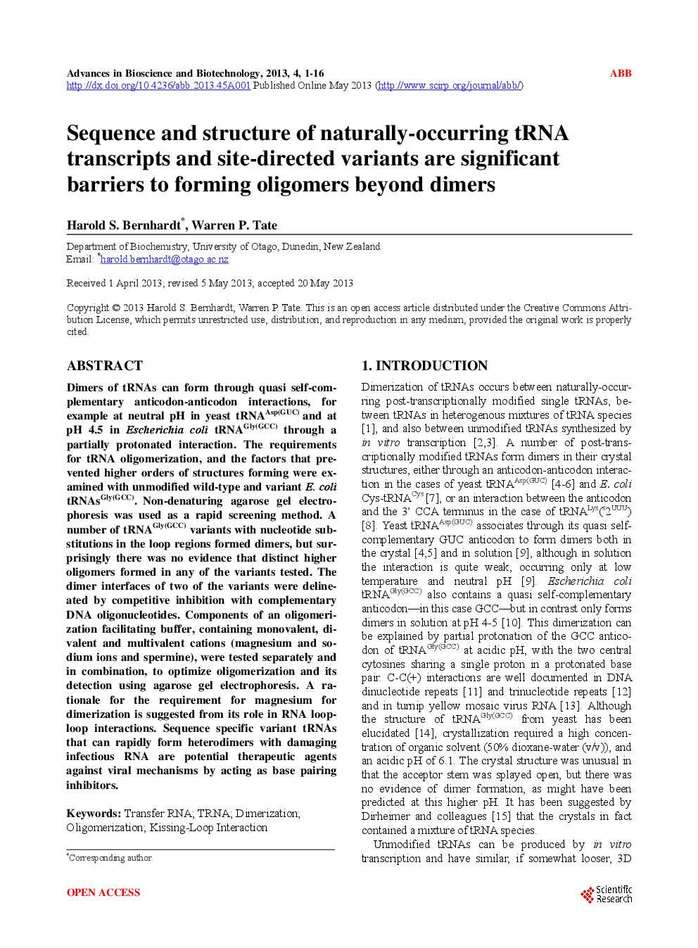 Sequence And Structure Of Naturally-Occurring tRNA Transcripts And Site-Directed Variants Are Significant Barriers To Forming Oligomers Beyond Dimers - Page 2