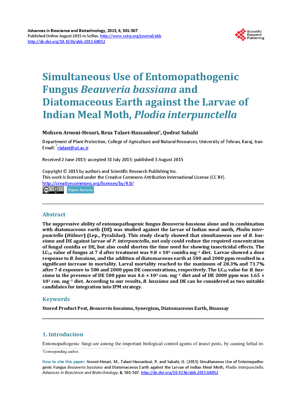 Simultaneous Use Of Entomopathogenic Fungus Beauveria Bassiana And Diatomaceous Earth Against The Larvae Of Indian Meal Moth, Plodia Interpunctella - Page 2