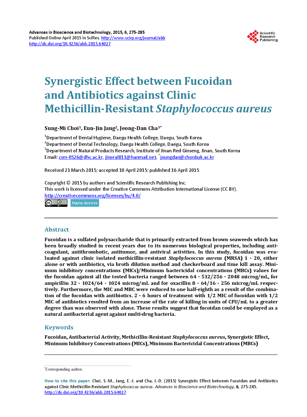 Synergistic Effect Between Fucoidan And Antibiotics Against Clinic Methicillin-Resistant Staphylococcus Aureus - Page 2