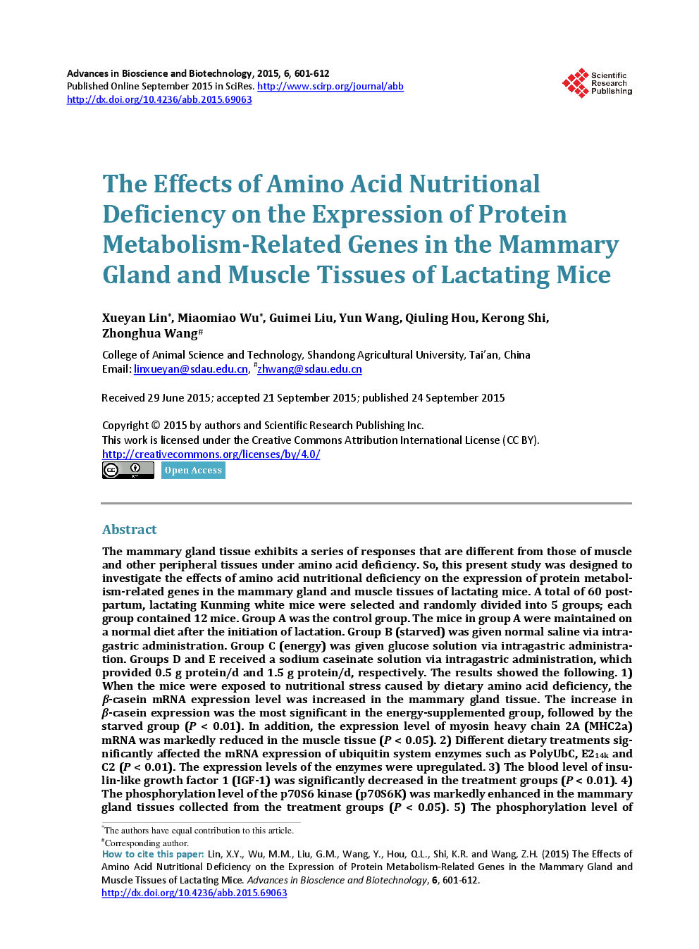 The Effects Of Amino Acid Nutritional Deficiency On The Expression Of Protein Metabolism-Related Genes In The Mammary Gland And Muscle Tissues Of Lactating Mice - Page 2