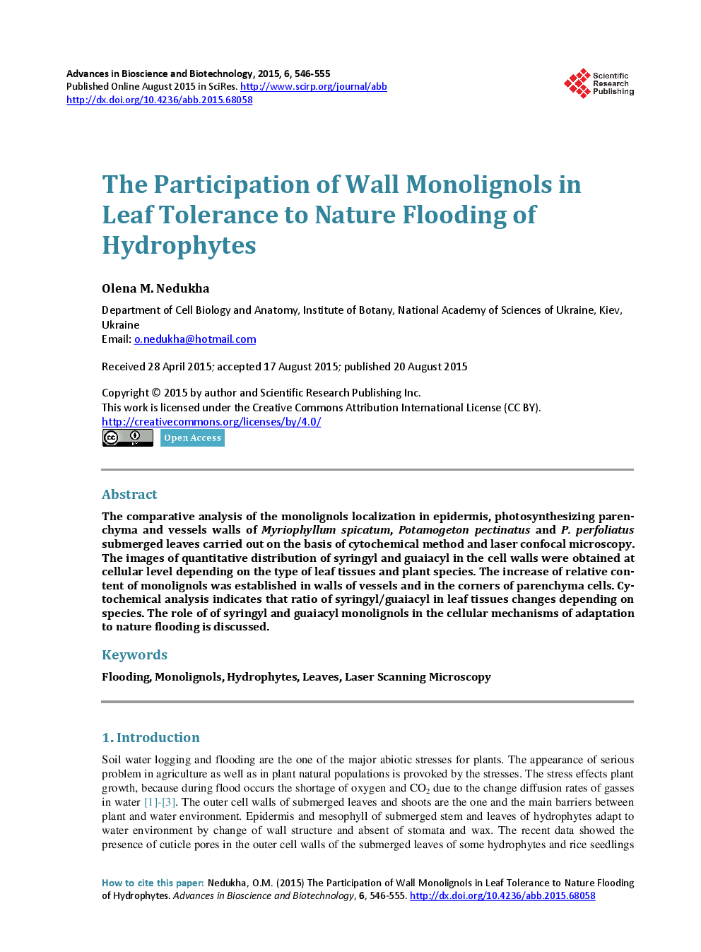 The Participation Of Wall Monolignols In Leaf Tolerance To Nature Flooding Of Hydrophytes - Page 2
