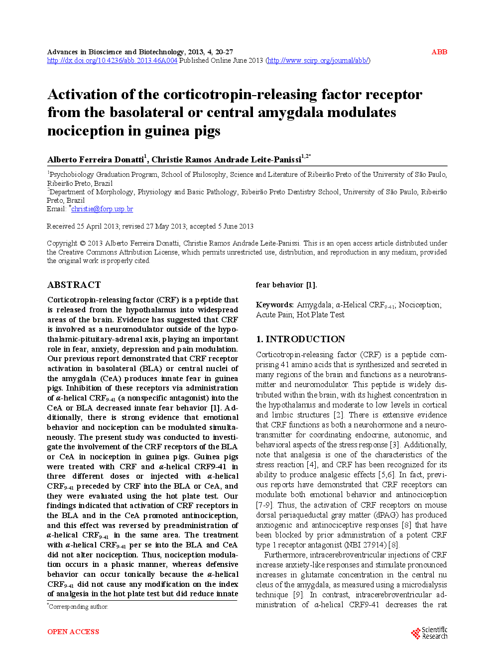 Activation Of The Corticotropin-Releasing Factor Receptor From The Basolateral Or Central Amygdala Modulates Nociception In Guinea Pigs - Page 2