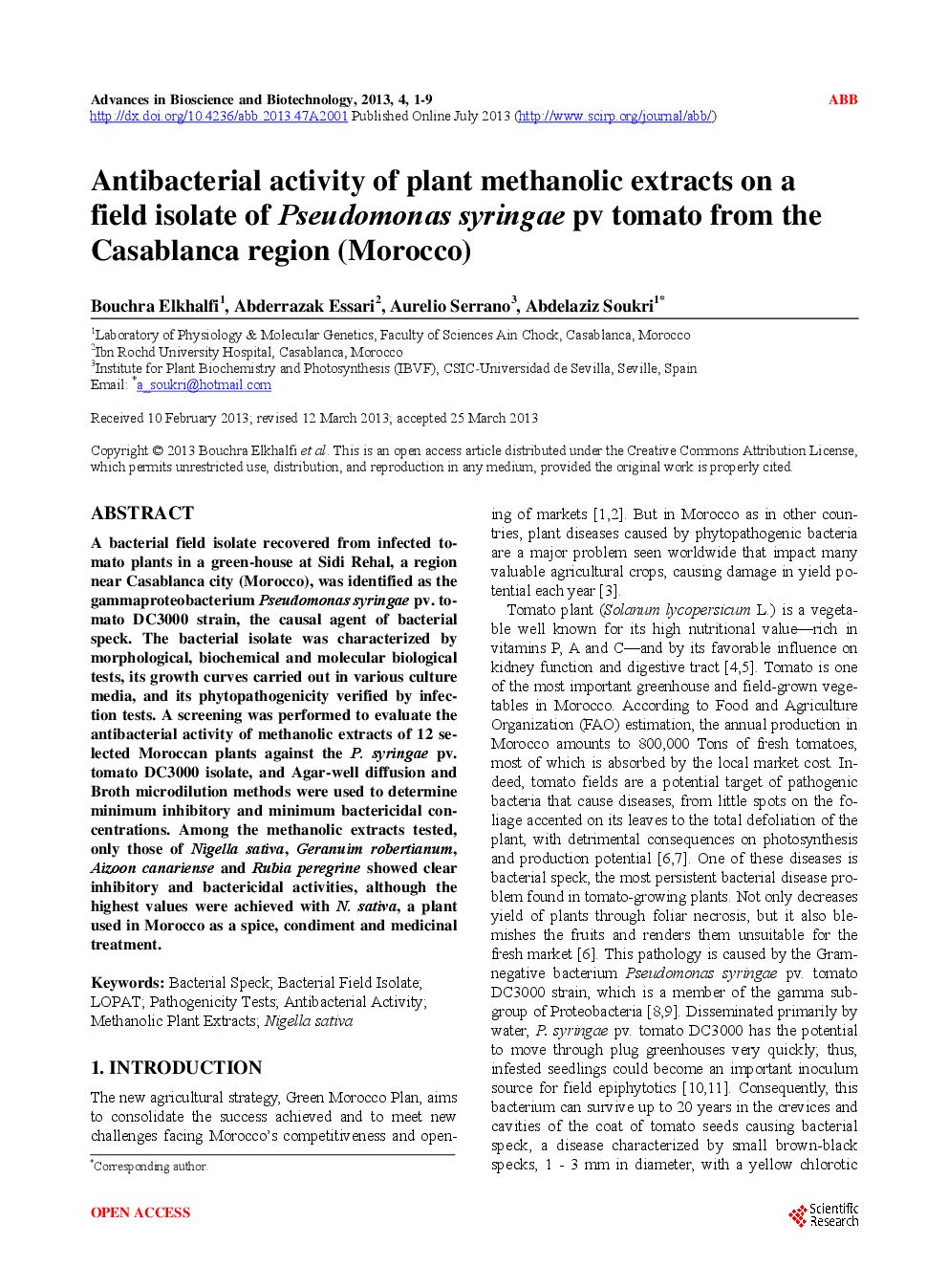 Antibacterial Activity Of Plant Methanolic Extracts On A Field Isolate Of Pseudomonas Syringae Pv Tomato From The Casablanca Region (Morocco) - Page 2