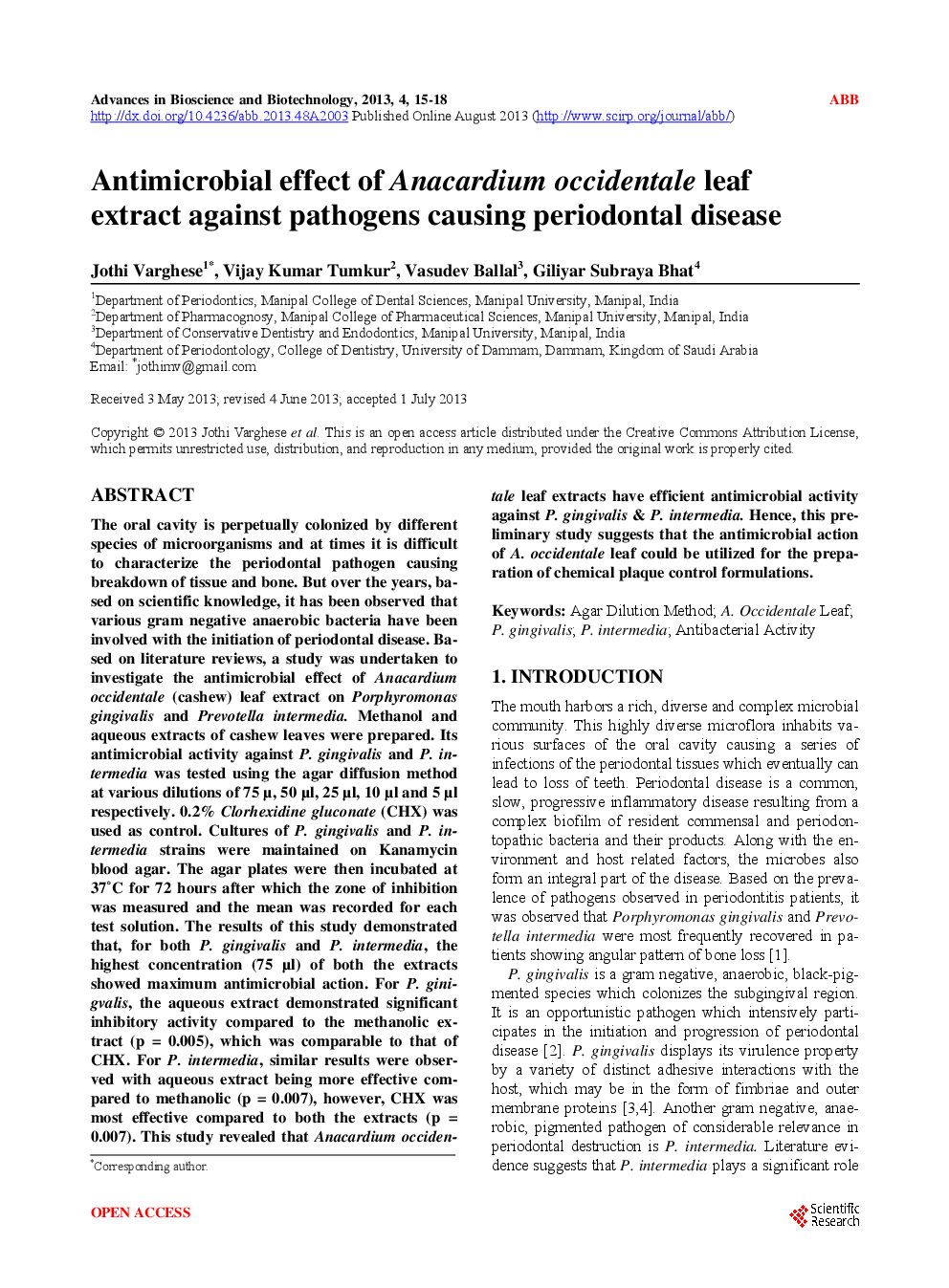 Antimicrobial Effect Of Anacardium Occidentale Leaf Extract Against Pathogens Causing Periodontal Disease - Page 2