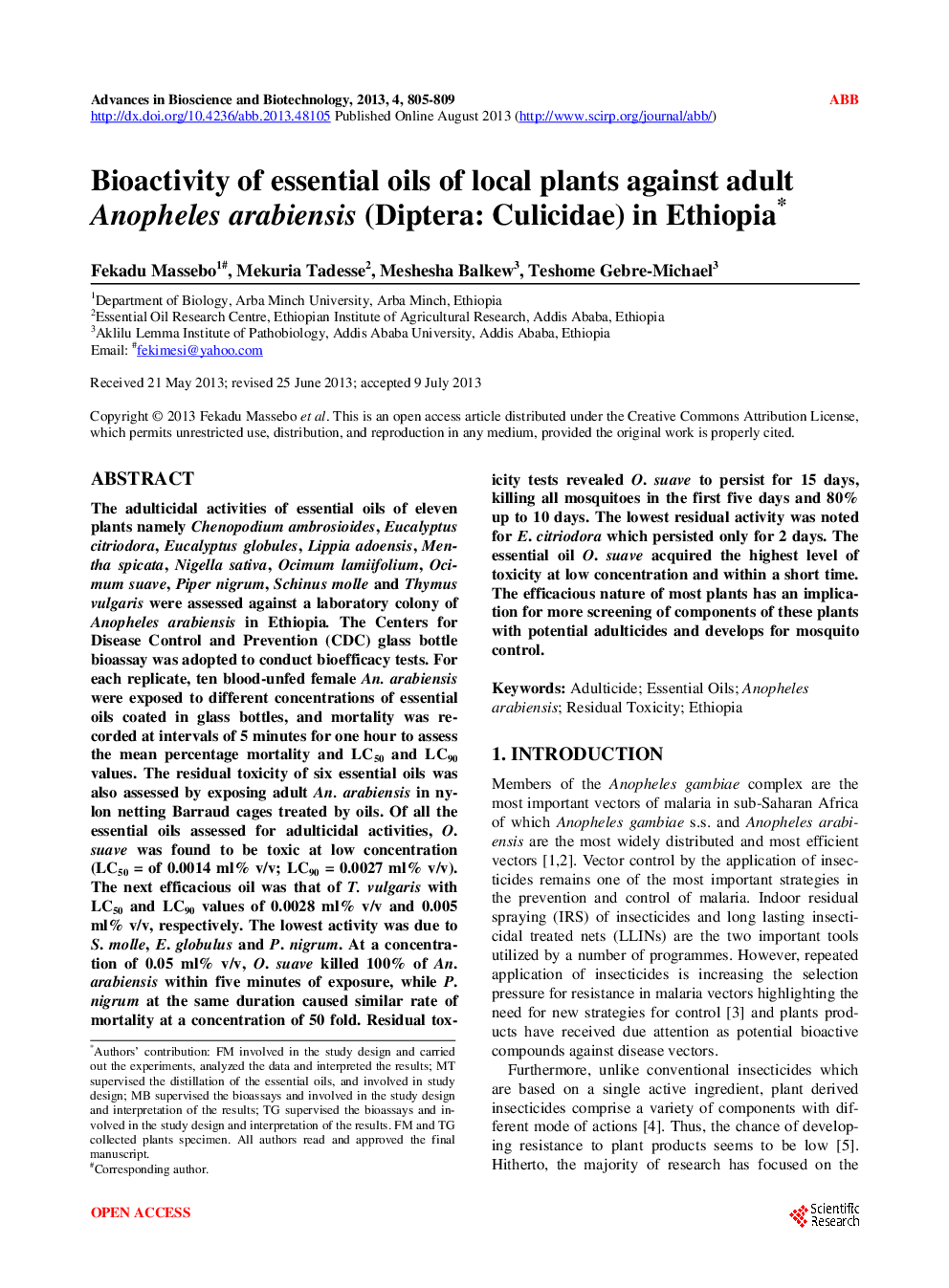 Bioactivity Of Essential Oils Of Local Plants Against Adult Anopheles Arabiensis (Diptera: Culicidae) In Ethiopia - Page 2