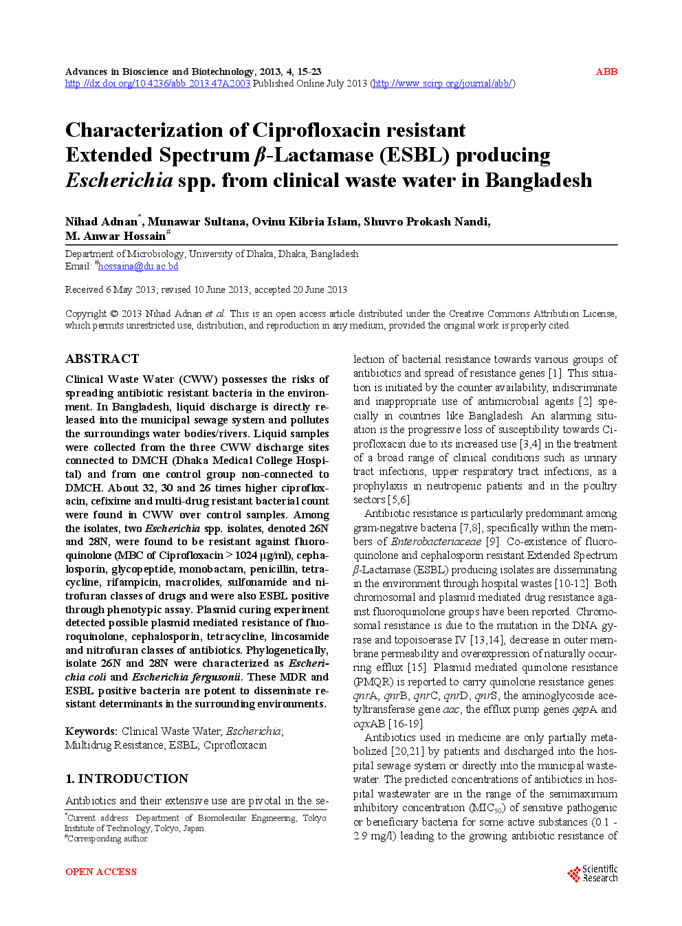 Characterization Of Ciprofloxacin Resistant Extended Spectrum β-Lactamase (ESBL) Producing Escherichia Spp. From Clinical Waste Water in Bangladesh - Page 2