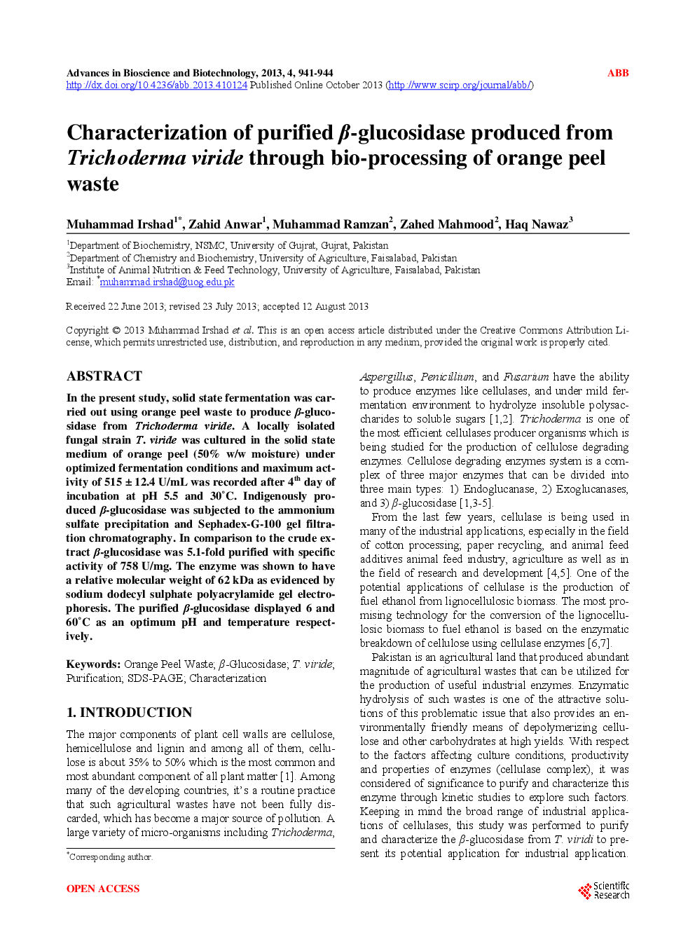 Characterization Of Purified β-Glucosidase Produced From Trichoderma Viride Through Bio-Processing Of Orange Peel Waste - Page 2