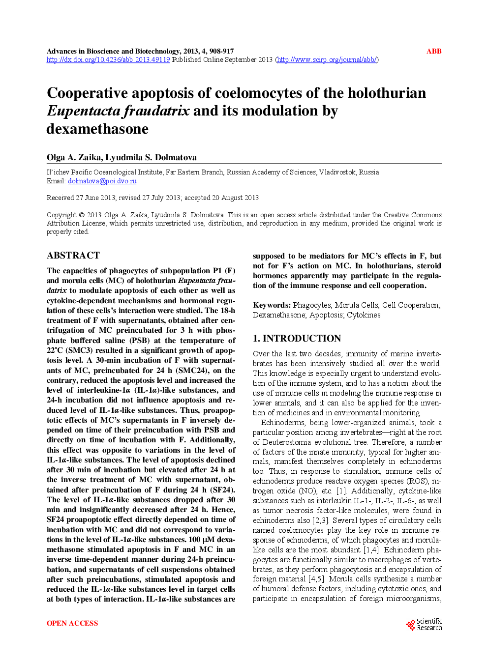 Cooperative Apoptosis Of Coelomocytes Of The Holothurian Eupentacta Fraudatrix And Its Modulation By Dexamethasone - Page 2