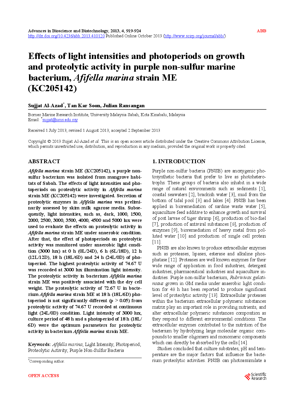 Effects Of Light Intensities And Photoperiods On Growth And Proteolytic Activity In Purple Non-Sulfur Marine Bacterium, Afifella Marina Strain ME (KC205142) - Page 2