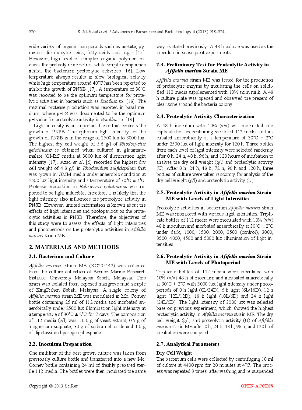 Effects Of Light Intensities And Photoperiods On Growth And Proteolytic Activity In Purple Non-Sulfur Marine Bacterium, Afifella Marina Strain ME (KC205142) - Page 3